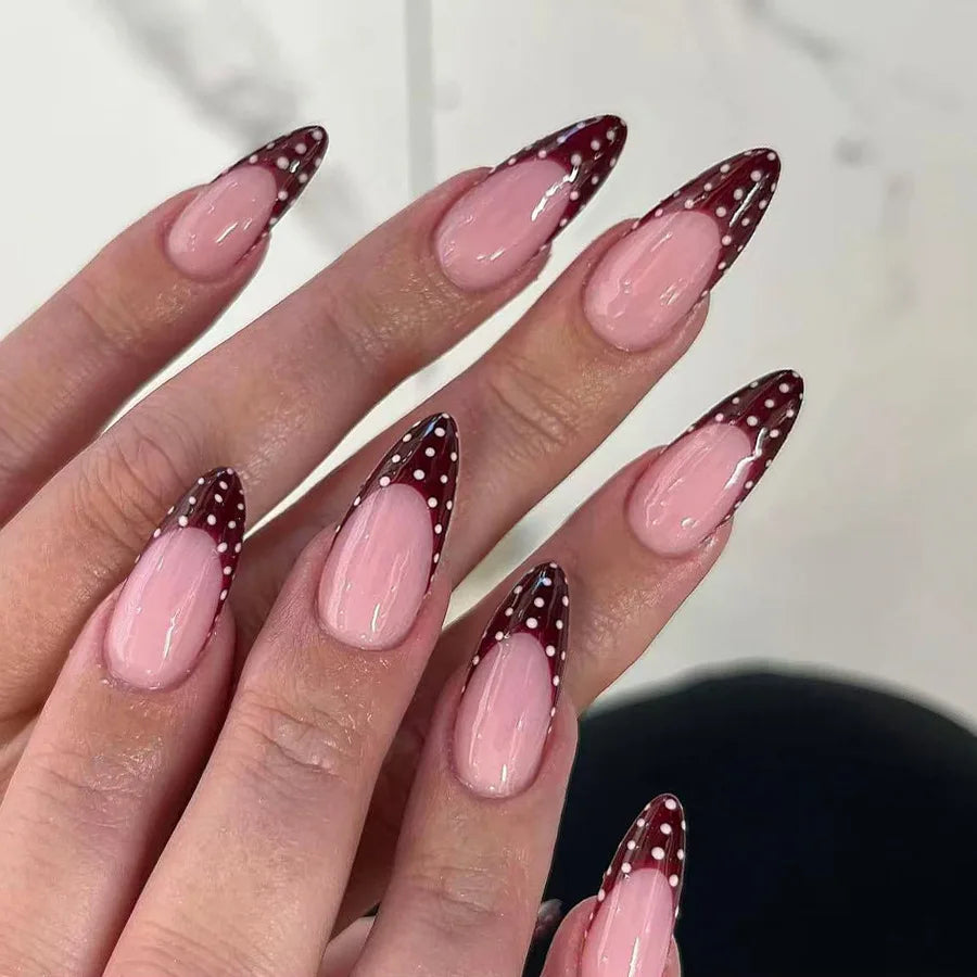 Sweet French Tip Press On Nails Medium Almond Shape Glossy Red White Polka Dot Fake Nails 24pcs Beauty World Shop