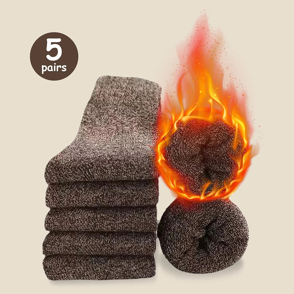 3/5 Pairs Men's Winter Warm Socks, Thick Towel Mid-Calf Socks, Anti-Cold Snow Boots Socks Elastic Solid Color Beauty World Shop