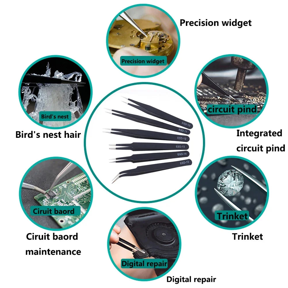 6Pcs Anti-static ESD Tweezers Maintenance Tool Industrial Precision Curved Straight Tweezers Repair Tools Set Beauty World Shop