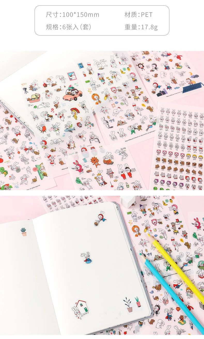 6Pieces/Set Transparent Pvc Waterproof Cartoon Sticker DIY Hand Account Decorative Stickers Kawaii Phone Cup Stickers Beauty World Shop