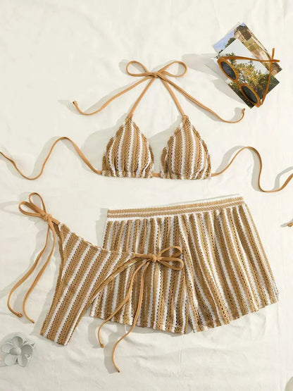 2026 new style boxer shorts mesh three-piece women's swimsuit neck lace-up bikini set Beauty World Shop