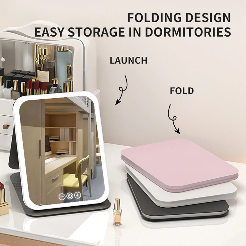 3 Colors Dimmable LED Makeup Mirror with Touch Screen Fold Cosmetic Makeup Mirror Rechargeable Tabletop for Travel & Home Use Beauty World Shop