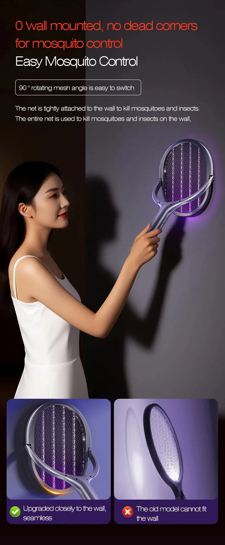Telescopic Electric Mosquito Swatter & UV Trap Lamp, Extendable 109cm, Safe Physical Killer, Rechargeable, Wall Mount No Gap Beauty World Shop