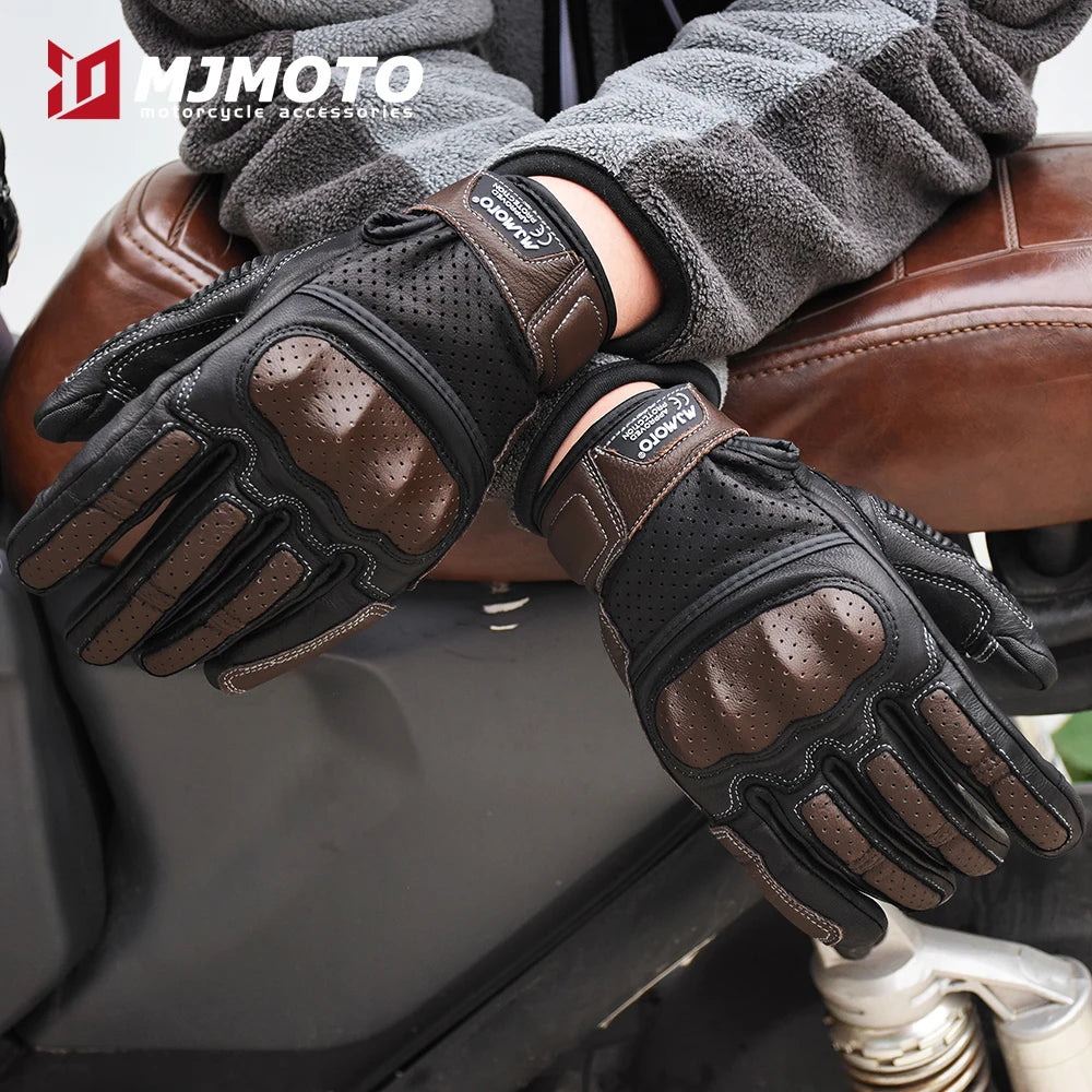 With CE Approved Summer Retro Perforated Leather Motorcycle Gloves Men Women Full Finger Motocross Dirt Biker Glove Guantes Moto Beauty World Shop