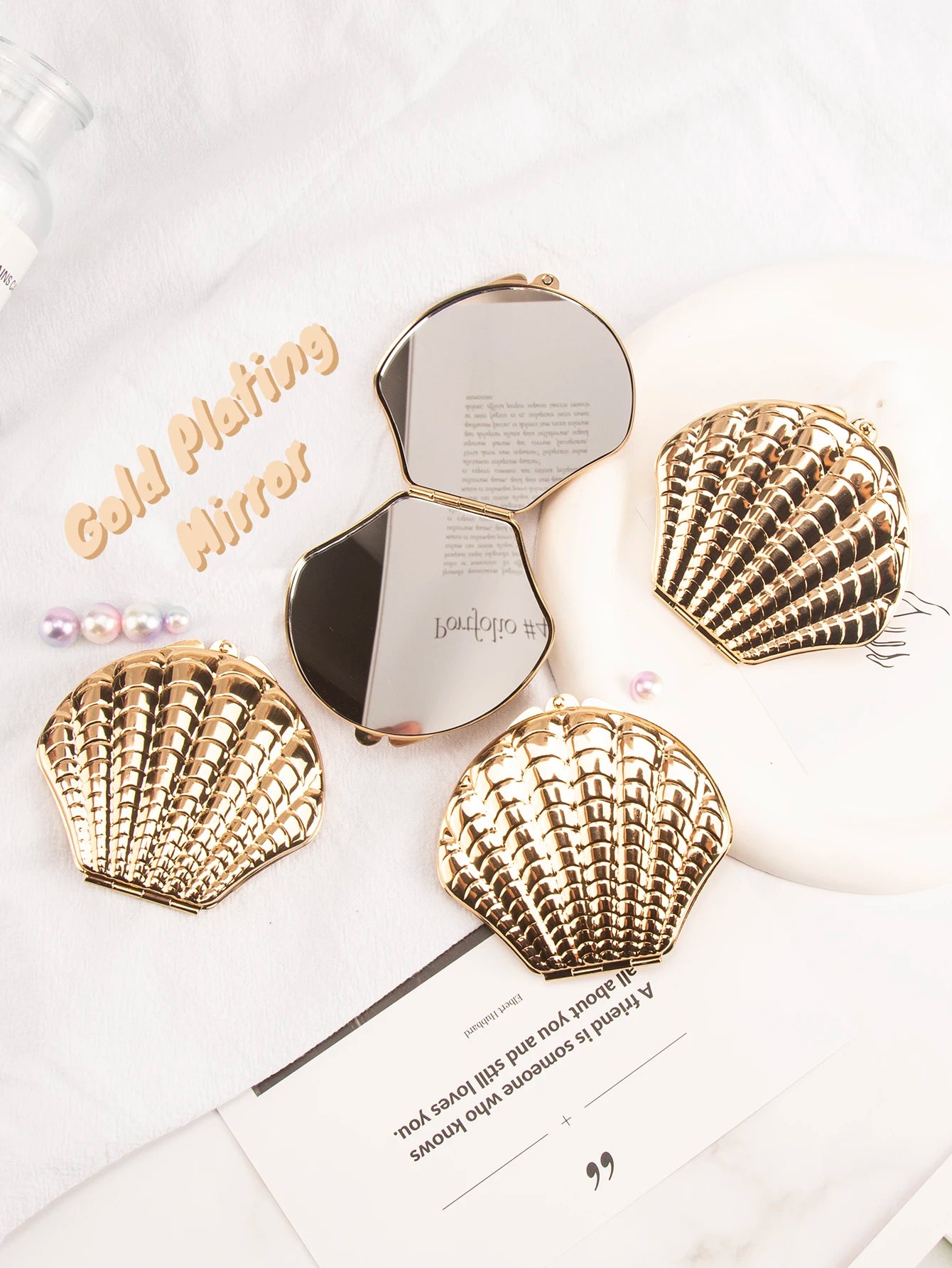 1PC Golden Shell Double Sided Makeup Mirror Exquisite Portable For Girlfriend Mum Wife Teacher Sister Auntie Birthday Party Holi Beauty World Shop