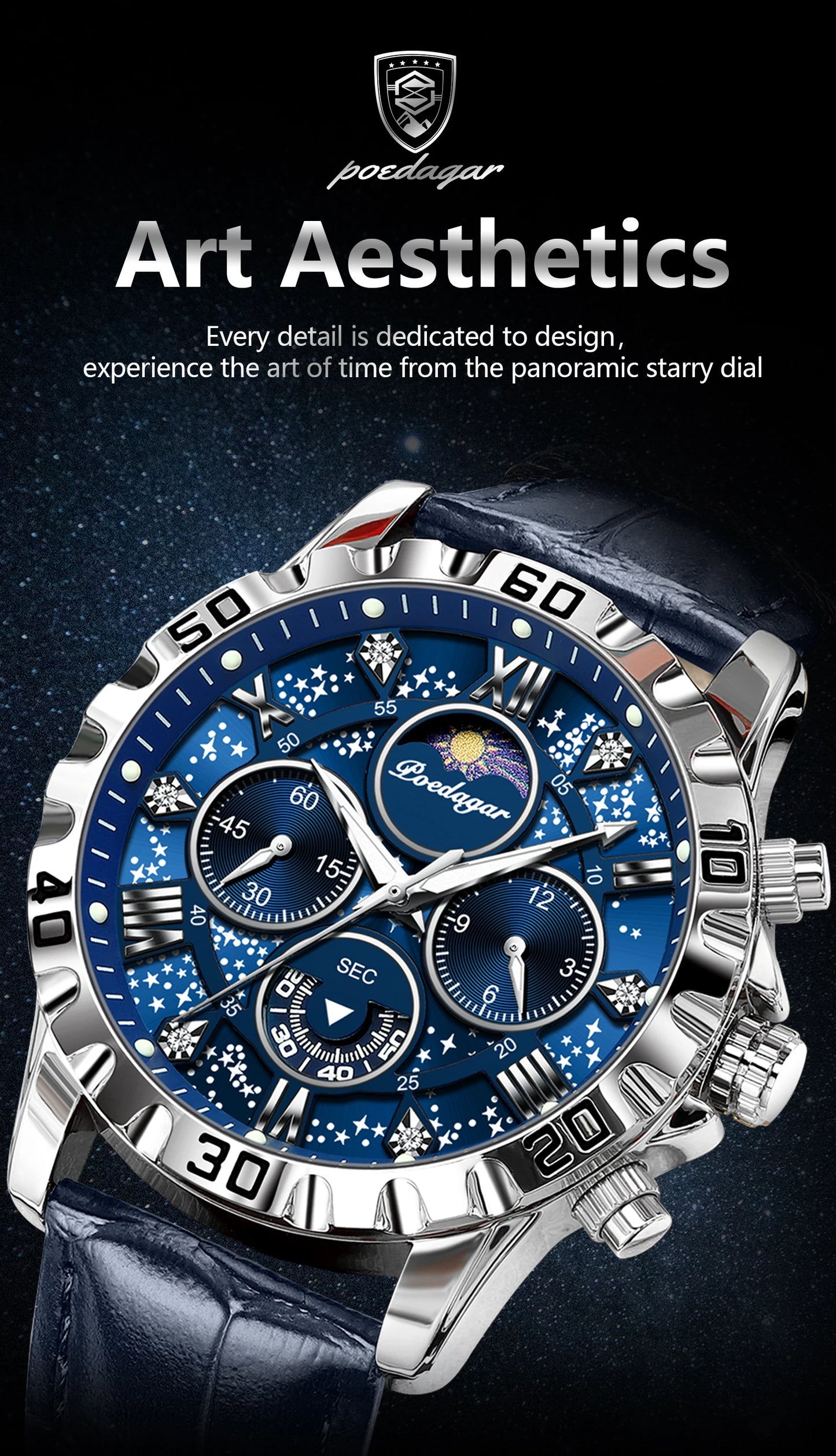 POEDAGAR Top Functional Luxury Man Wristwatch Waterproof Luminous Chronograph Leather Sports Watches For Men Quartz Men's Watch Beauty World Shop