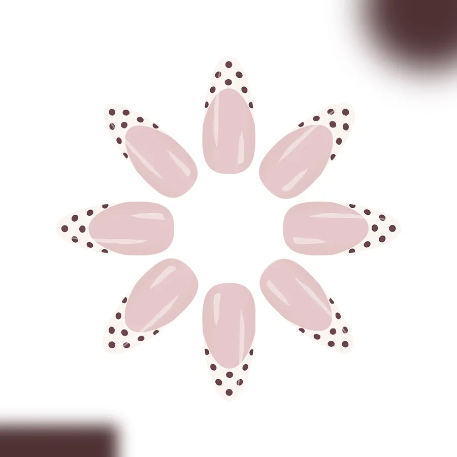 Sweet French Style Medium Almond Press On Nails 24pcs White with Brown Tips and Dots Beauty World Shop