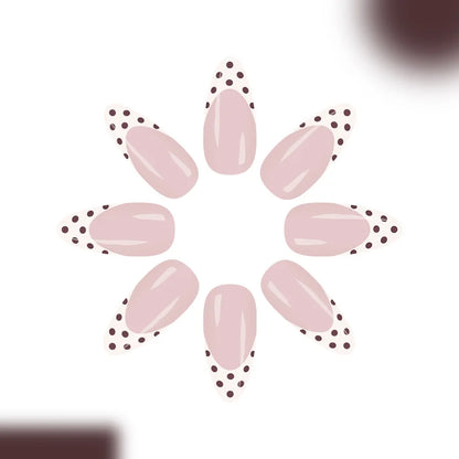 Sweet French Style Medium Almond Press On Nails 24pcs White with Brown Tips and Dots Beauty World Shop