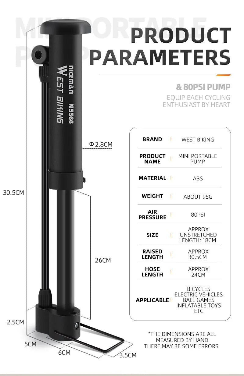 WEST BIKING 80 PSI MTB Bicycle Pump Bike Manual Air Pump Balloon Tire Inflator Schrader Valve Floor Pump Cycling Accesories