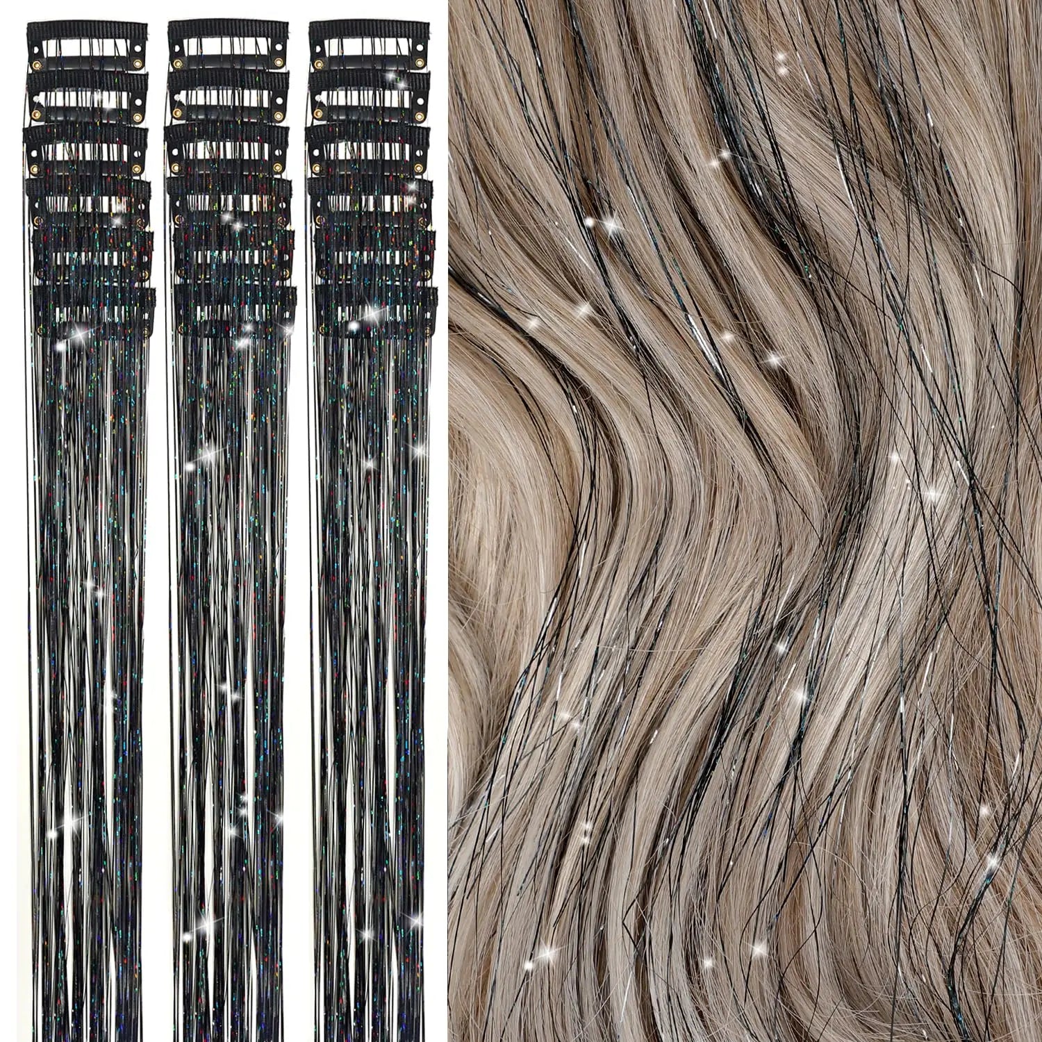 20 Inch Glitter Tinsel Hair Extensions with Clips In, 6Pcs/Set Synthetic Clip in Sparkle Fairy Hair Accessories for Women Kids Beauty World Shop