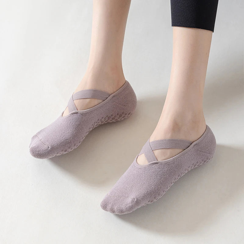 Women Breathable Towel Bottom Yoga Socks Silicone Non-Slip Bandage Pilates Sock Ladies Ballet Dance Fitness Workout Cotton Socks Beauty World Shop