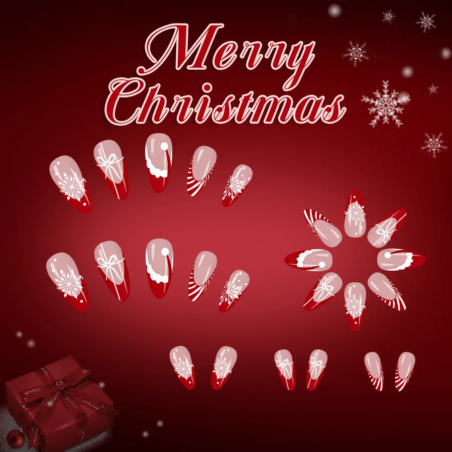 2025 Christmas Red Stripe French Glossy Medium Almond Press On Nails 24pcs with Glitter Snowflake Design Beauty World Shop