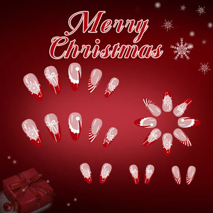 2025 Christmas Red Stripe French Glossy Medium Almond Press On Nails 24pcs with Glitter Snowflake Design Beauty World Shop