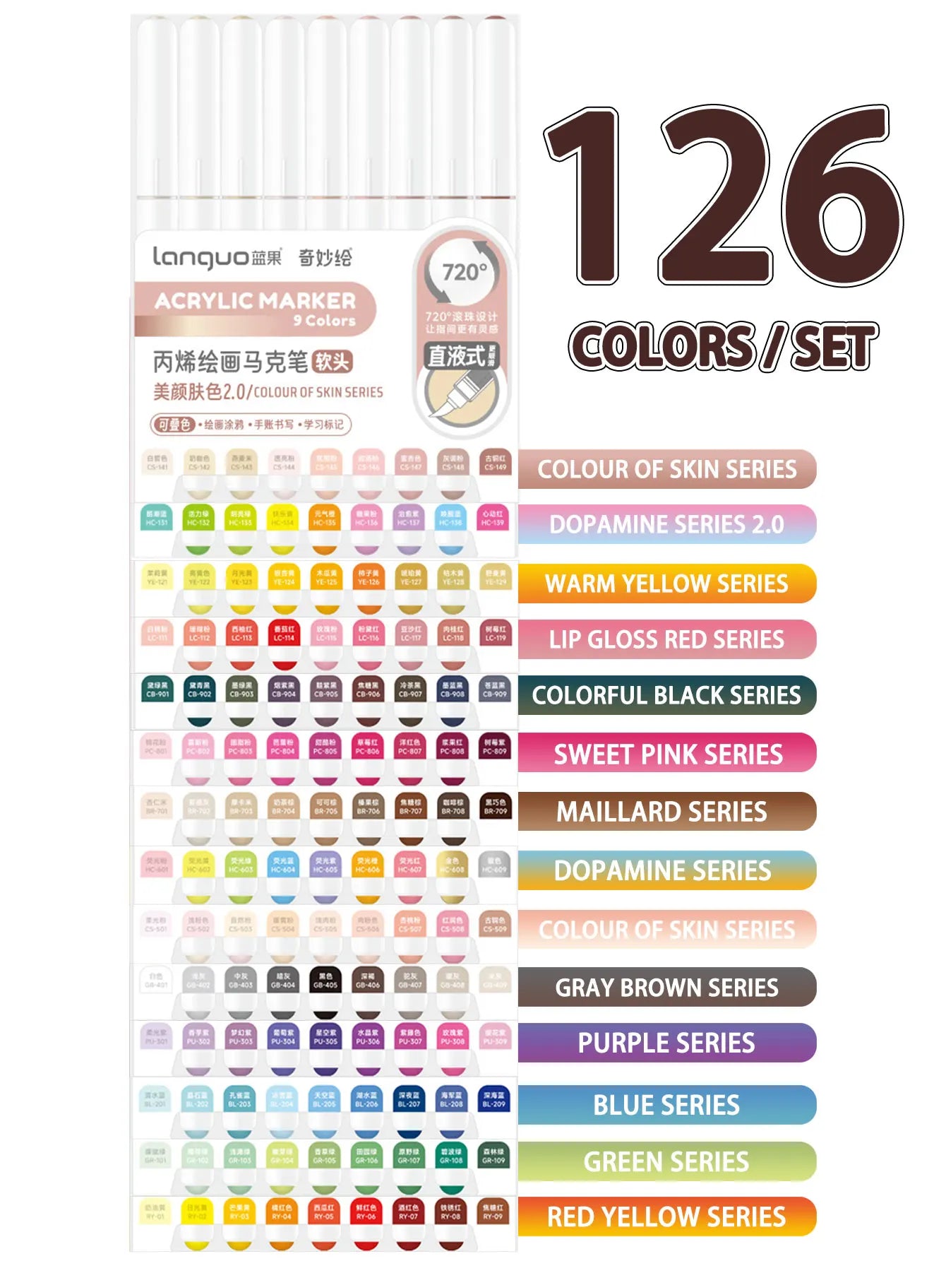 Languo 9pcs/box Soft Brush Acrylic Marker Pen Set，DIY Hand Drawn,Paint Art Markers pens,Student Graffiti Acrylic Paint Pens,M720 Beauty World Shop