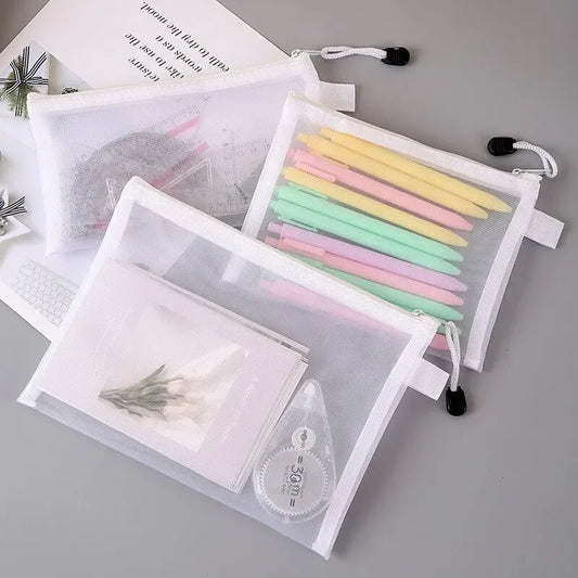 3pcs/Set Transparent Document Bag Mesh Zipper Information Bag Small Fresh Large Capacity Stationery Bag Beauty World Shop