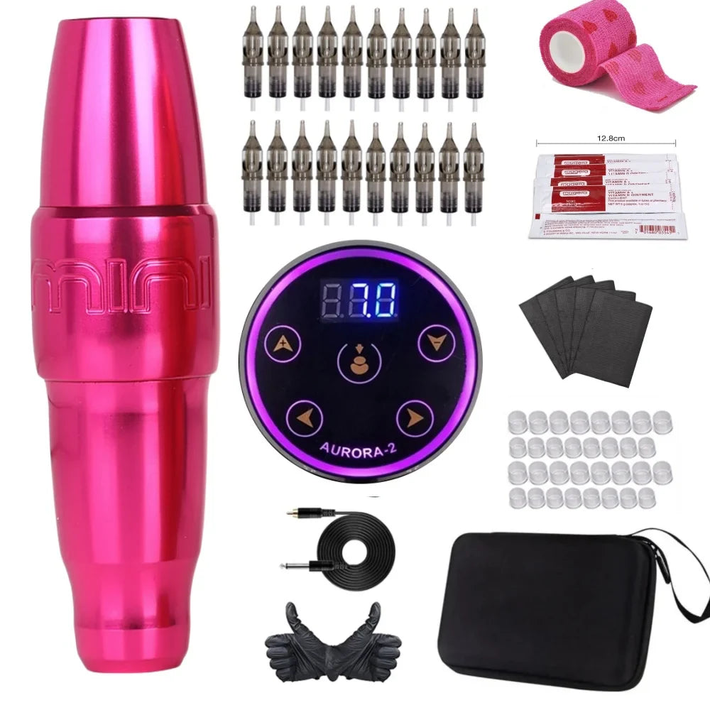 FK Mini PMU Coreless Motor Tattoo Machine Kit  with LCD AURORA 2 Power Supplies 20Pcs RL RM  PMU Cartridge Needles Beauty Trend Shop