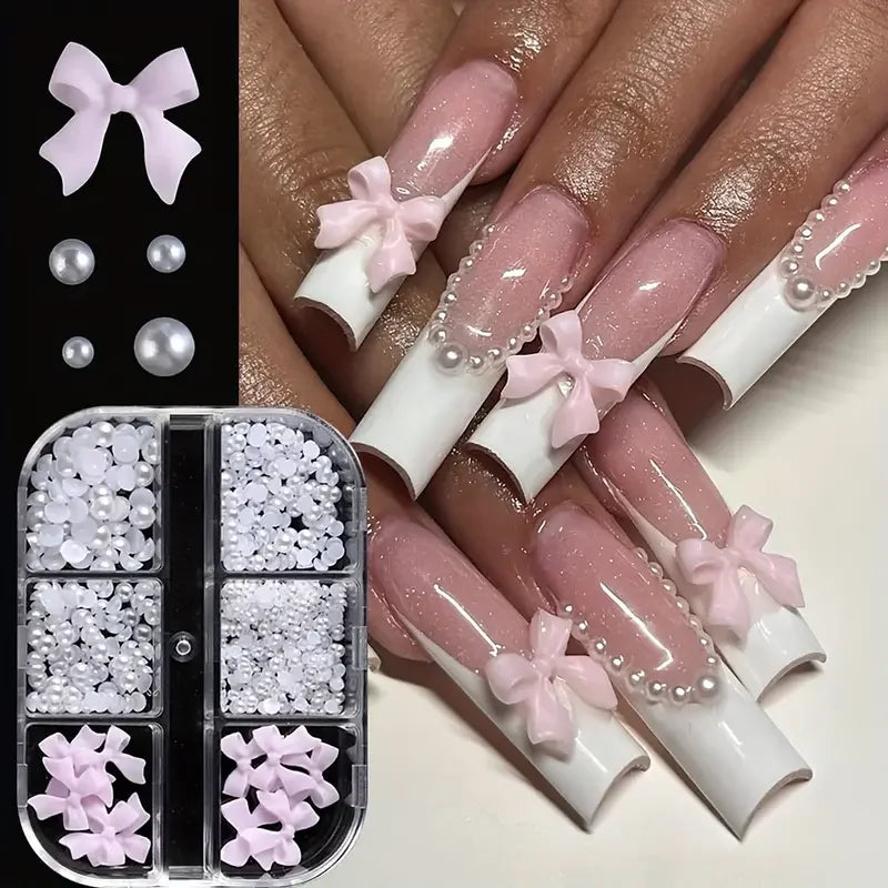 500PCS 3D Nail Art Decoration Kit with Resin Bows, Flat Back Pearls, and Assorted Shapes – Unscented DIY Craft Embellishments Beauty World Shop