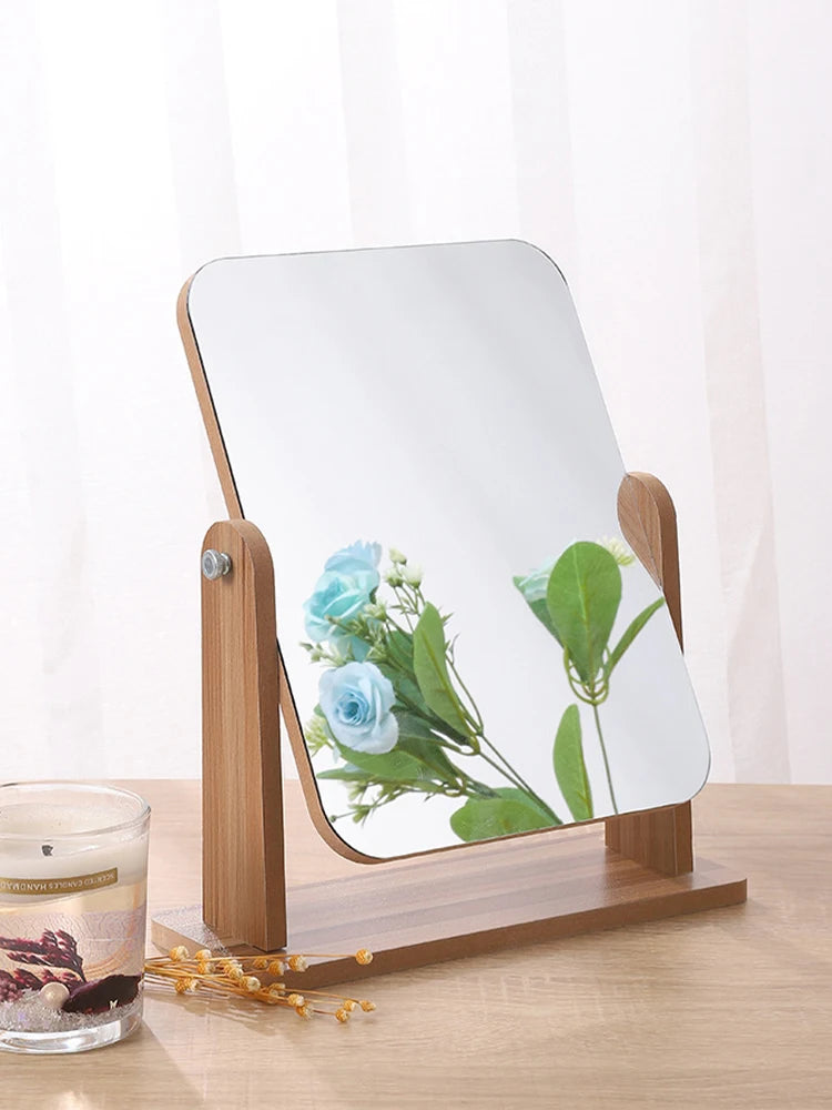 Dresser Vanity Makeup Mirror with Wood Stand, 360 Degree Rotating Compact Cosmetic Mirror, Portable Counter-top Mirror Bath Gift Beauty World Shop