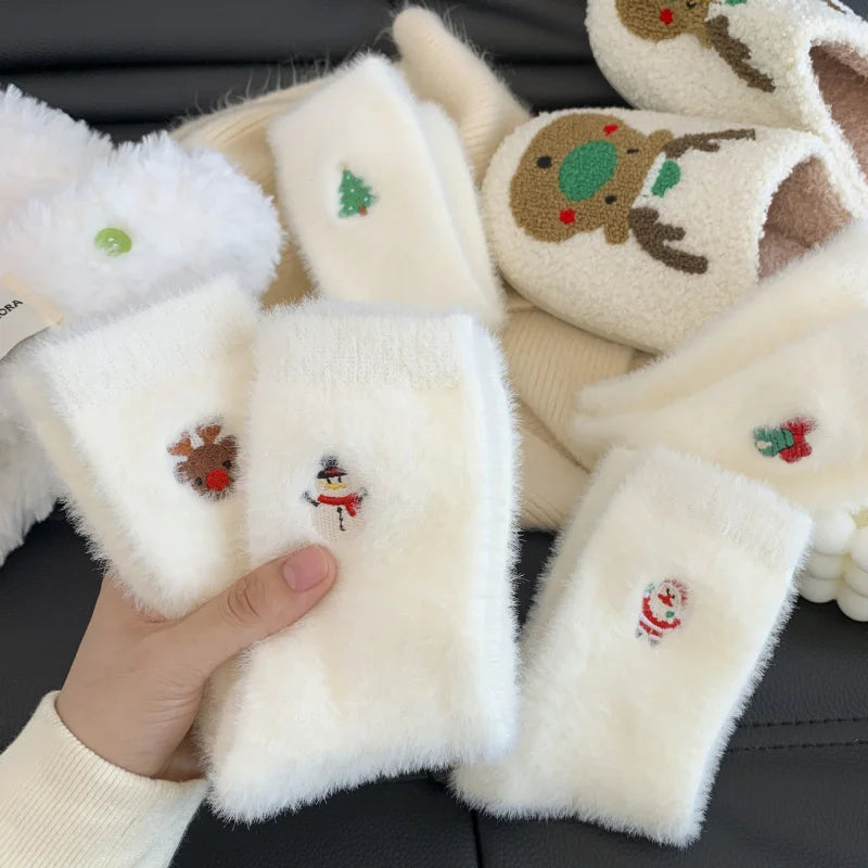 Autumn And Winter Socks, White Mink Fur Christmas Socks, Snowman Santa Claus Christmas Tree Elements, Thickened Warm Socks Beauty World Shop