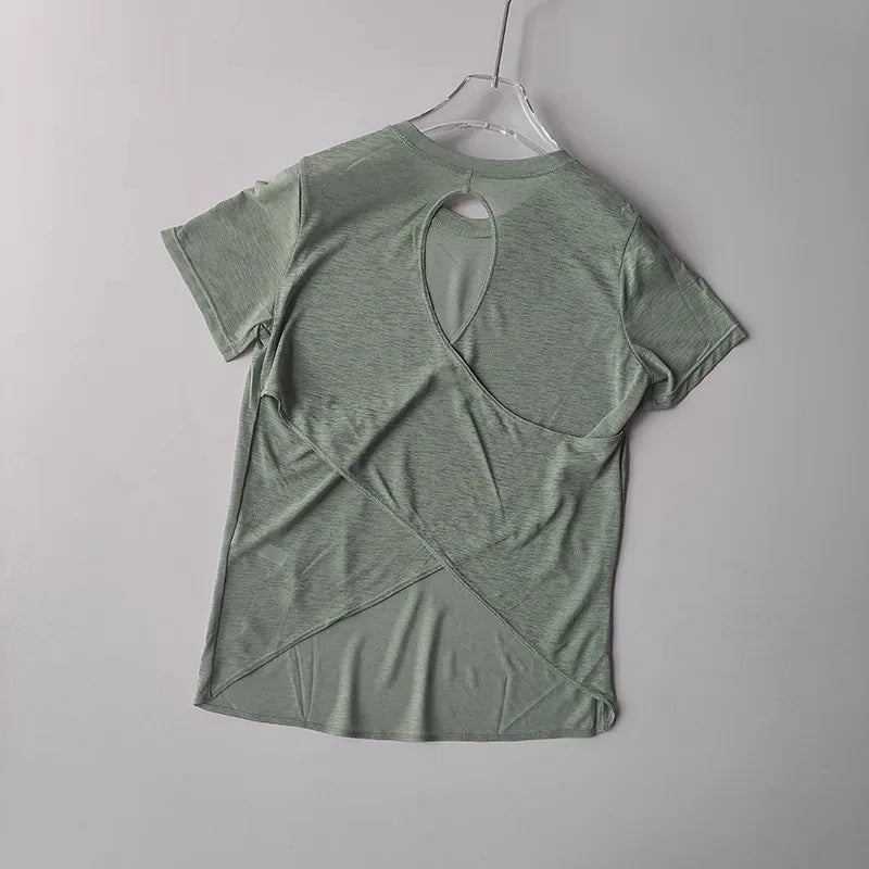 Women's Tight Sports T-shirt Quick Dry Short Sleeve Yoga T-shirt Pilates Fitting Fitness Back Hollow Out Running T-shirt Beauty World Shop