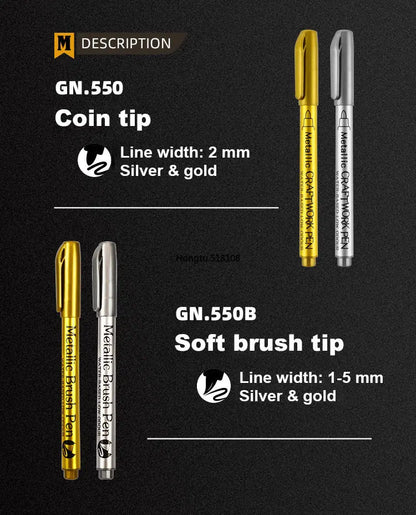 2/1Pc Brush Metallic Marker Pens Gold Silver Color Permanent Art Marker For Manga Crafts Scrapbooking School Stationery Supplies Beauty World Shop