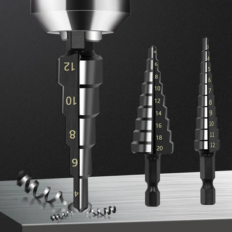 3Pcs HSS Straight Groove Step Drill Bit 3-12mm 4-12mm 4-20mm Nitride Black Hex Wood Metal Hole Cutter Core Drilling Tools Set Beauty World Shop