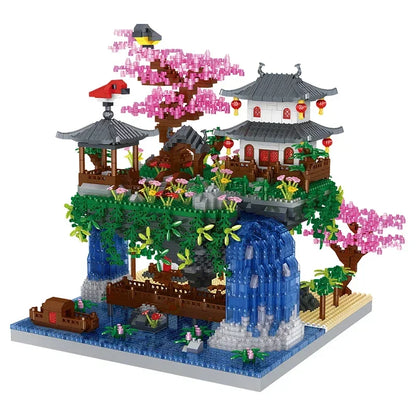 MOC Peach Blossom Pool Cherry Tree House Building Block Chinese Architecture DIY Bricks Cherry Blossom Toy for Kids Adult Gift Beauty World Shop