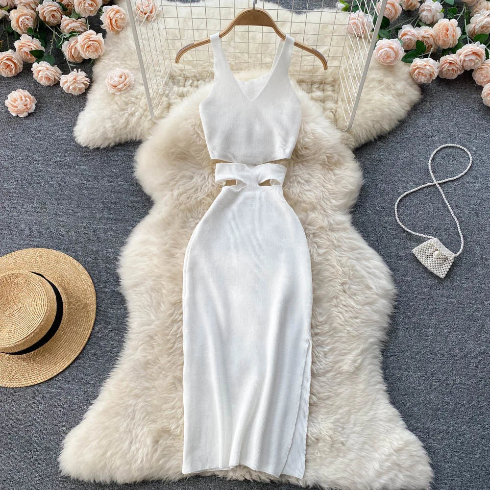 YuooMuoo Women Dress Sexy Cut Out Waist Package Hips Split Bodycon Dress Summer Fashion Lady Knitted Party Vestidos Sundress Beauty World Shop