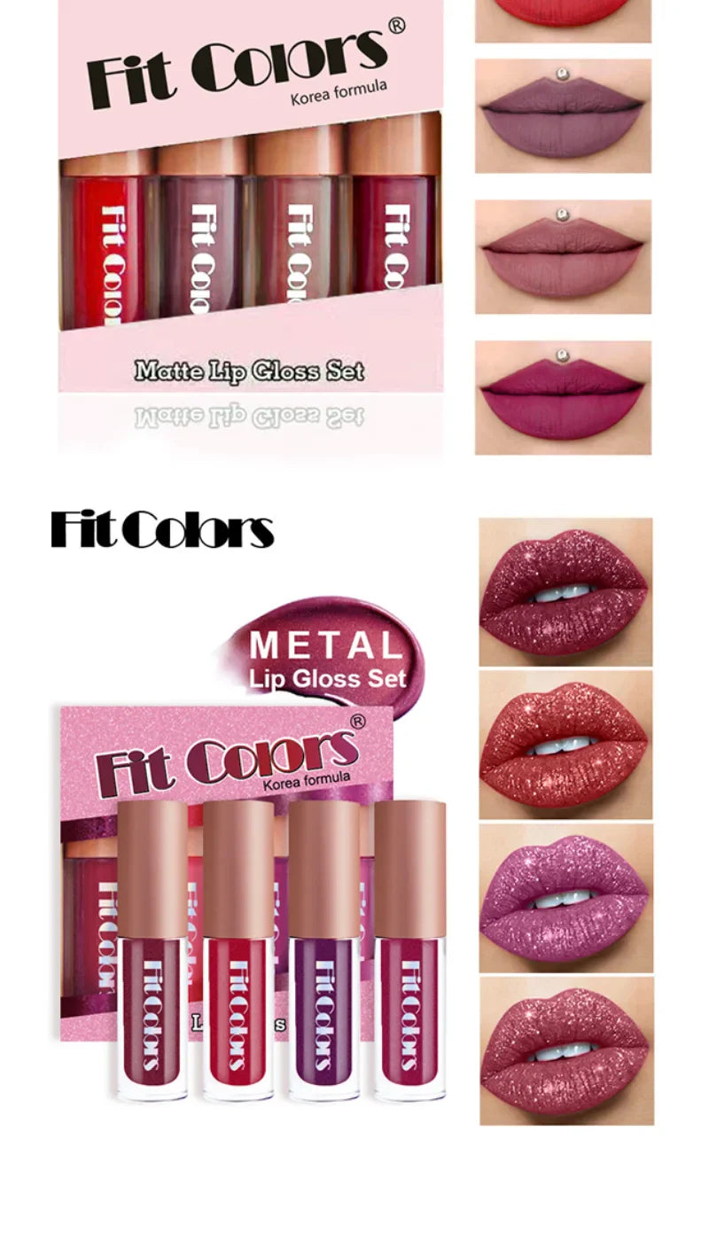 Fit Colors Velvet Lip Gloss Set — 4-Piece Non-Transfer, Diamond Finish, Long-Lasting Lip Gloss Collection Beauty Trend Shop
