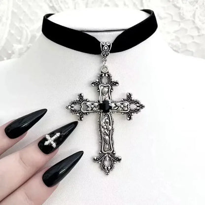 A Classic Gothic Large Cross Shaped Black Velvet Necklace Prepared for Her, Gorgeous Cross Shaped Black Velvet Necklace Beauty Trend Shop