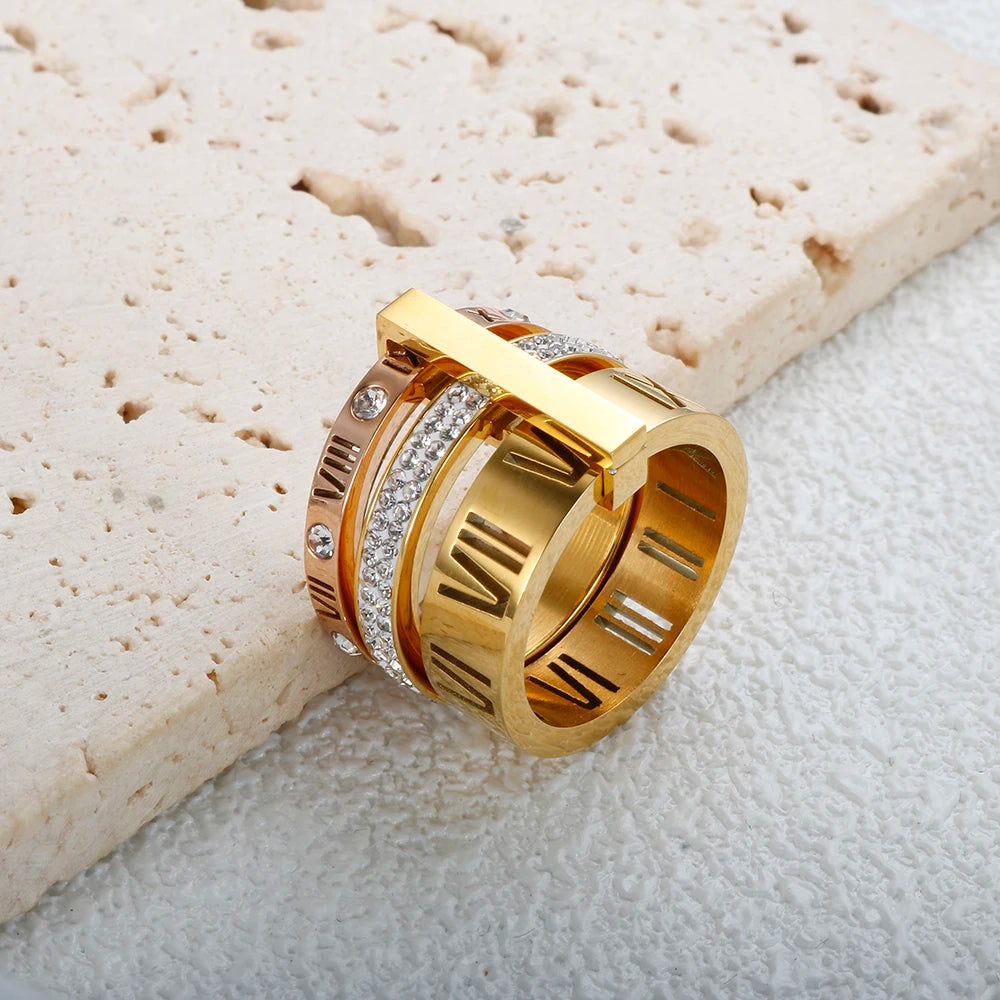 Three Layers Roman Numerals Ring for Women Luxury Stainless Steel Rotatable Crystal Finger Rings Female Wedding Trendy Jewelry Beauty World Shop