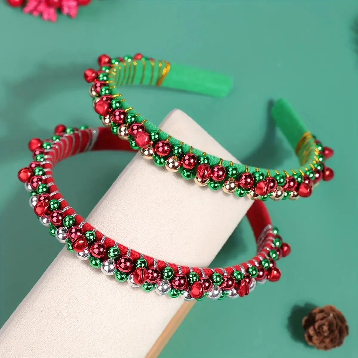 Festive Christmas Headband with Red & Green Beads, Golden Accents & Bell Charms - Hand-Wrapped Polyester Party Accessor Beauty World Shop