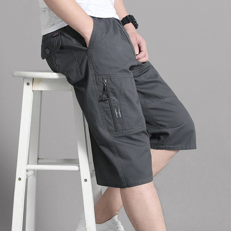 Mens Cargo Shorts Knee Pants Zipper Pocket Summer Cotton Shorts Climbing Jogger Elastic Waist Sports Wear Beauty World Shop