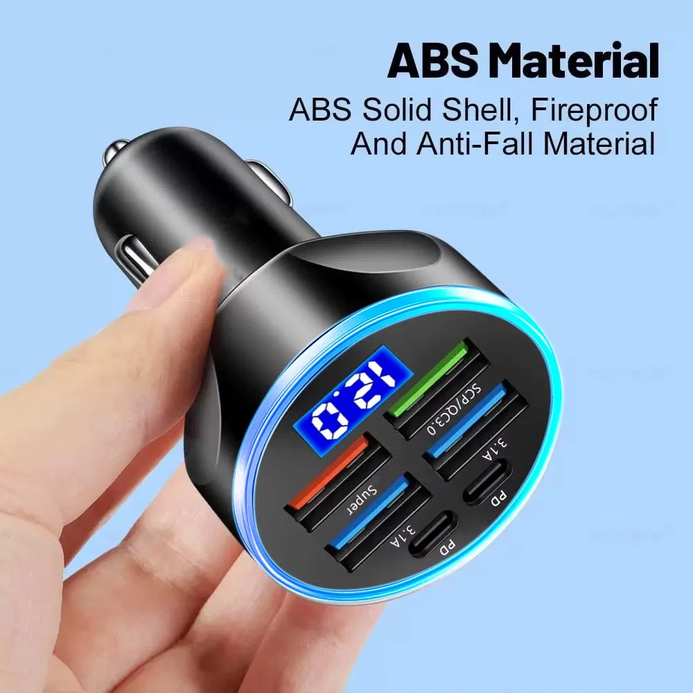 250W PD Car Charger QC3.0 Fast Charge two to Six Port Car Cigarette Lighter Plug Car Charger Flash Charge with Digital Display Beauty World Shop
