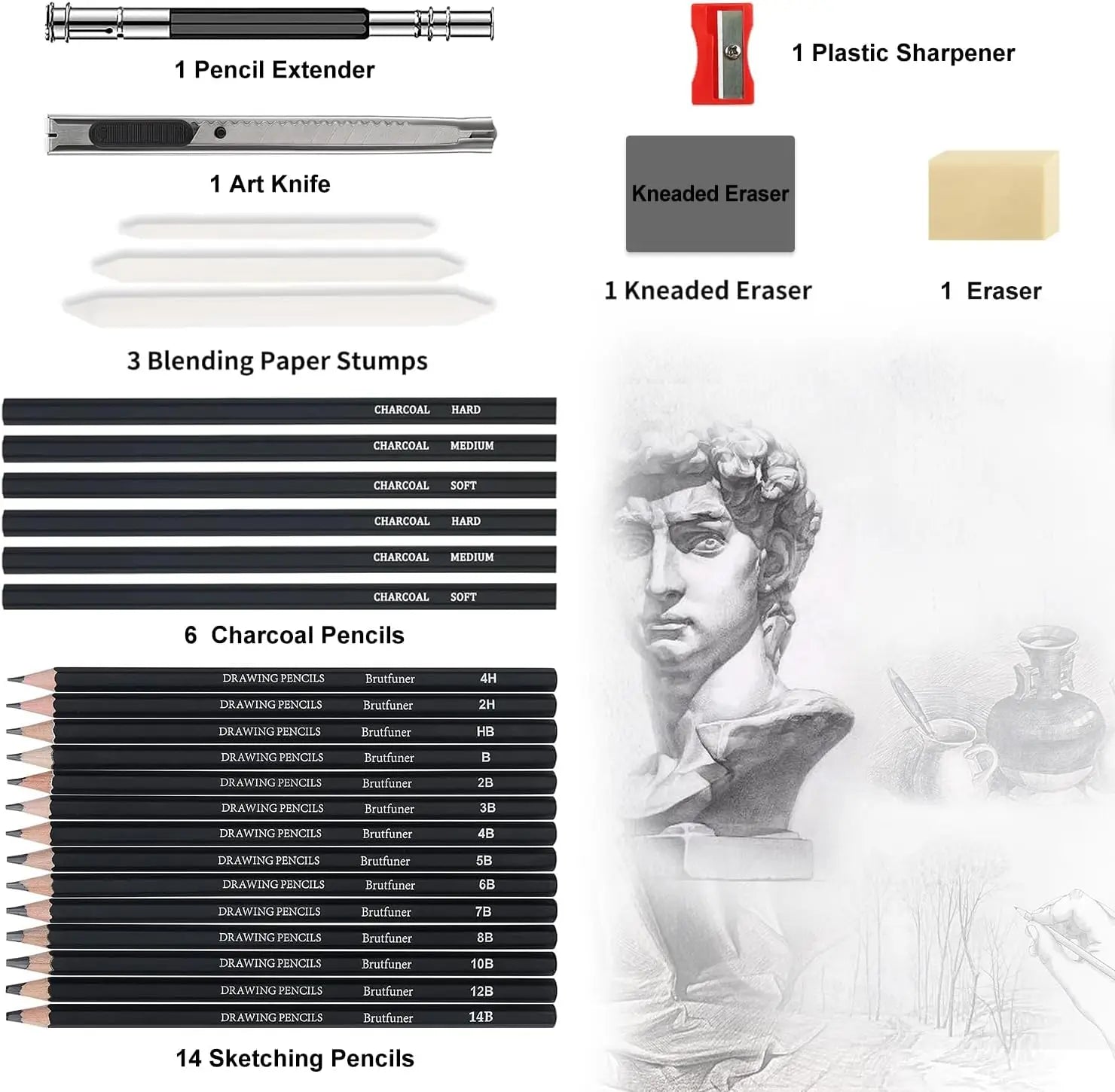 29Pcs Drawing Kit Sketching Pencils Set,Portable Pen Curtain-Charcoal Pencils, Sketch Pencils, Charcoal Stick,Sharpener,Eraser Beauty World Shop