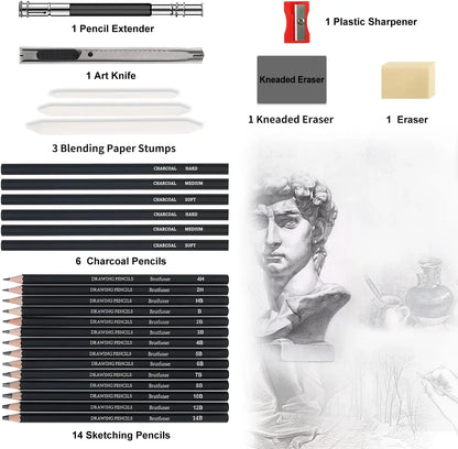 29Pcs Drawing Kit Sketching Pencils Set,Portable Pen Curtain-Charcoal Pencils, Sketch Pencils, Charcoal Stick,Sharpener,Eraser Beauty World Shop