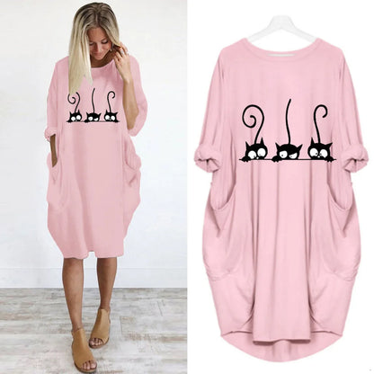 Women's Loose  Long Sleeved Summer Plus Size Dress Autumn  Winter Casual Round Neck Solid Color Long Sleeve Pocket Loose Pullove Beauty World Shop