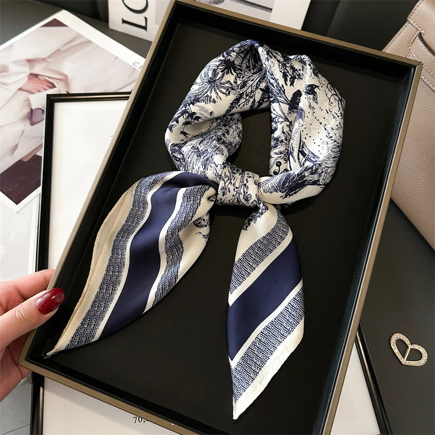Luxury 2024 Silk Print Hair Scarf Women Floral Kerchief Neck Tie Hand Wrist Foulard Shawl Wraps Head Hijab Bandana Echarpe Beauty World Shop