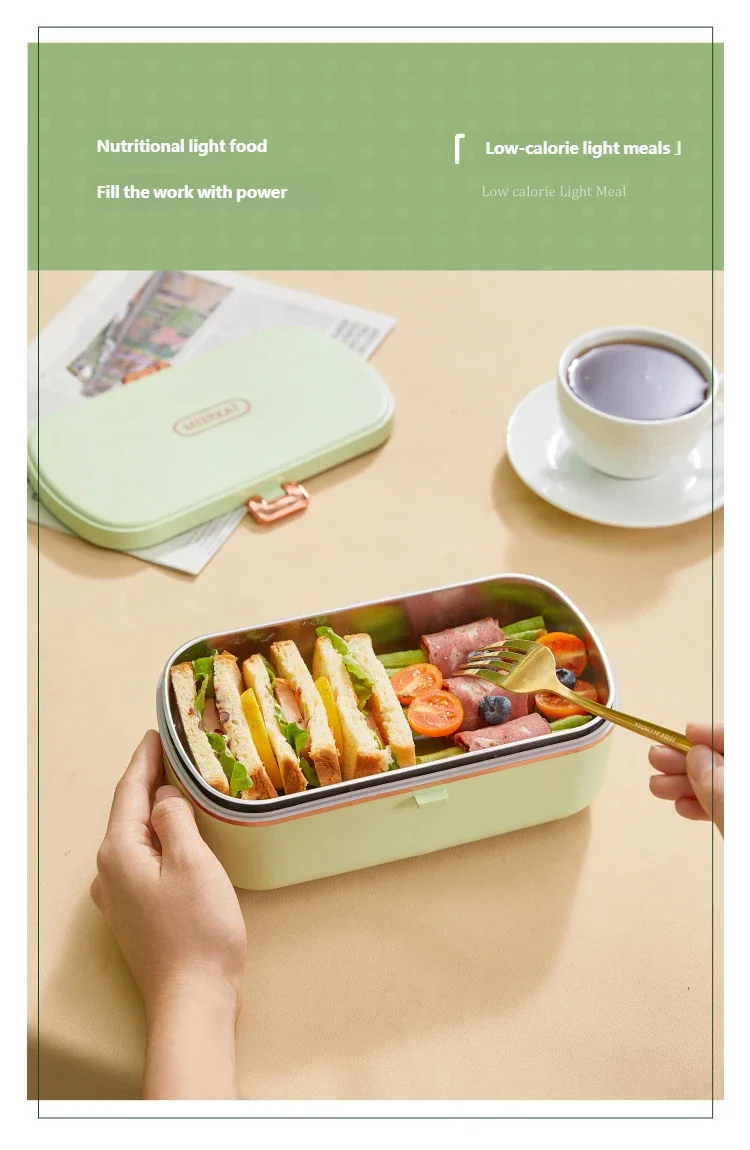 HOMEFISH Stainless Steel Electric Lunch Box Food Warmer Bento Box Water-Free Heating Office Lunch Container with Built-In Heater Beauty World Shop