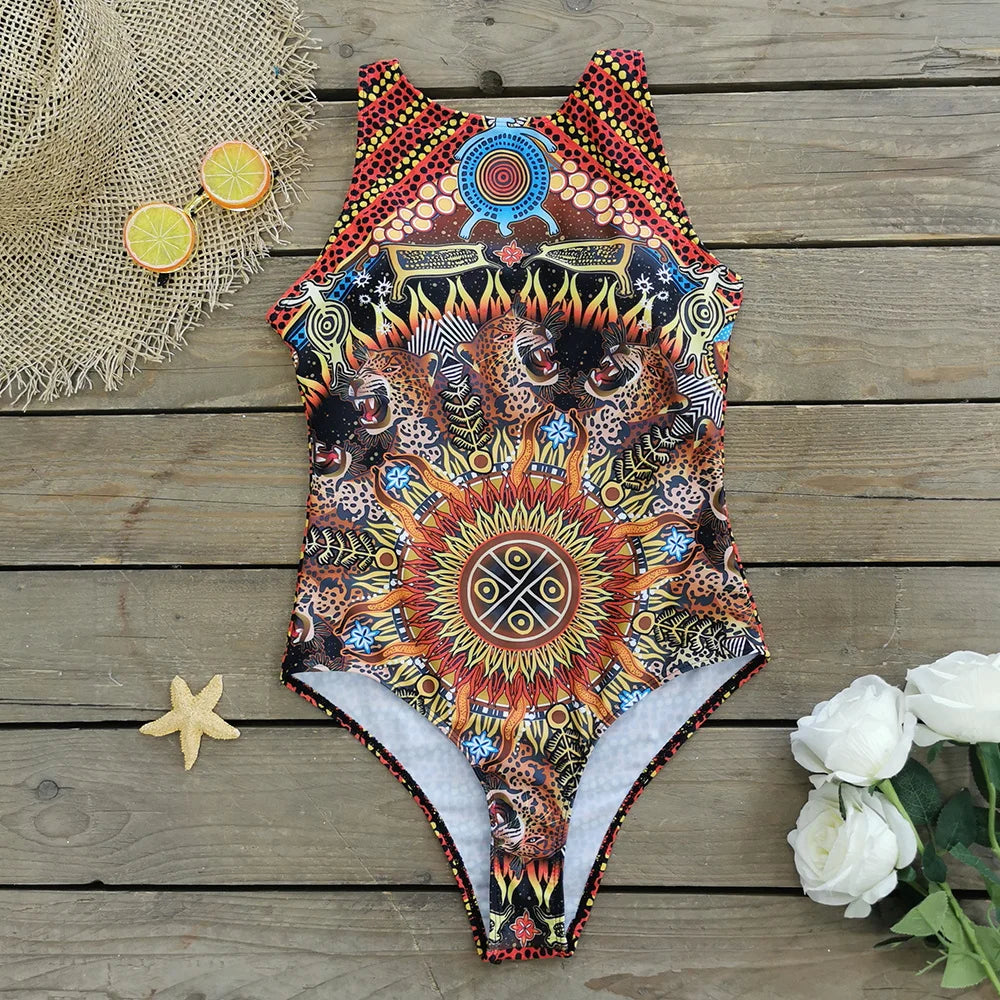 2026 New Printed One-piece Swimsuit Classic Printed Lace Up Swimsuit Women's Push Up Flower One-piece Suit Beach Wear For Female Beauty World Shop