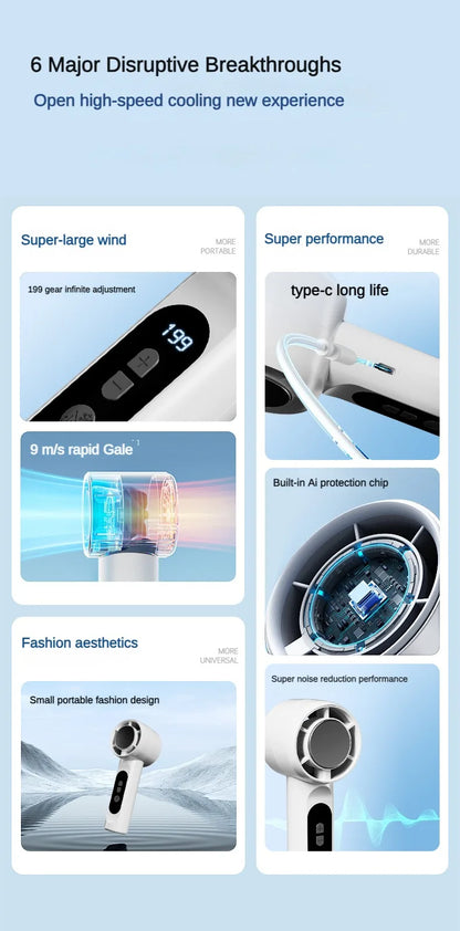 Handheld Portable Fan 199-Speed Desktop Fan USB Rechargeable Cooling Refrigeration Fan LED Display For Home Office Travel ﻿ Beauty World Shop