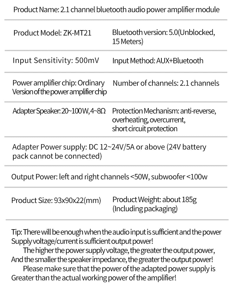 ZK-MT21 Sound Amplifier Module 2x50W+100W 2.1 Channel Subwoofer Bluetooth 5.0 Digital Power Amplifier Board AUX 12V/24V Stereo Beauty World Shop
