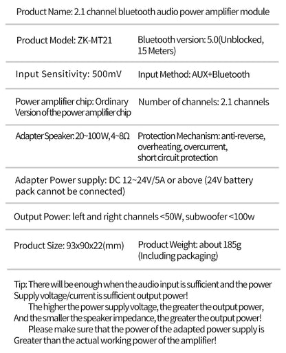 ZK-MT21 Sound Amplifier Module 2x50W+100W 2.1 Channel Subwoofer Bluetooth 5.0 Digital Power Amplifier Board AUX 12V/24V Stereo Beauty World Shop