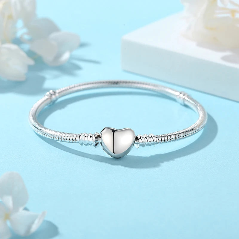 Original 925 Sterling Silver Bracelets Bangles Love Heart Clip Charms Beads Snake Chains For Women Rose Gold DIY Luxury Jewelry Beauty World Shop