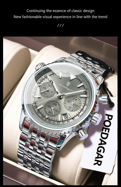 POEDAGAR Luxury Fashion Men Watch Stainless Steel Waterproof Luminous Quartz Male Clock Date Chronograph Military Men's Watches Beauty World Shop