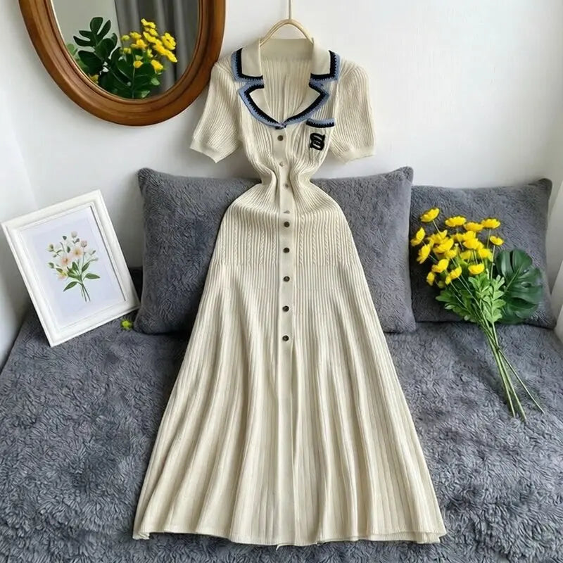 YuooMuoo Brand Fashion Vintage Turn-down Collar Knit Maxi Dress Elegant Single-breasted A-line Long Shirt Dress Lady Vestidos Beauty World Shop
