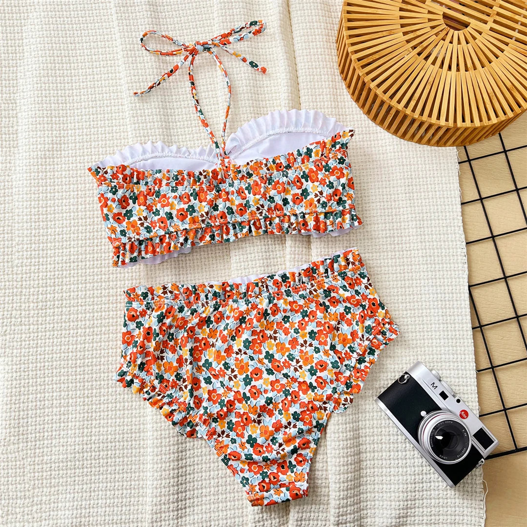 Flowers Printed Bandeau Female Swimsuit High Waist Bikini Women Swimwear Two-pieces Bikini set Bather Bathing Suit Swim V6613 Beauty World Shop