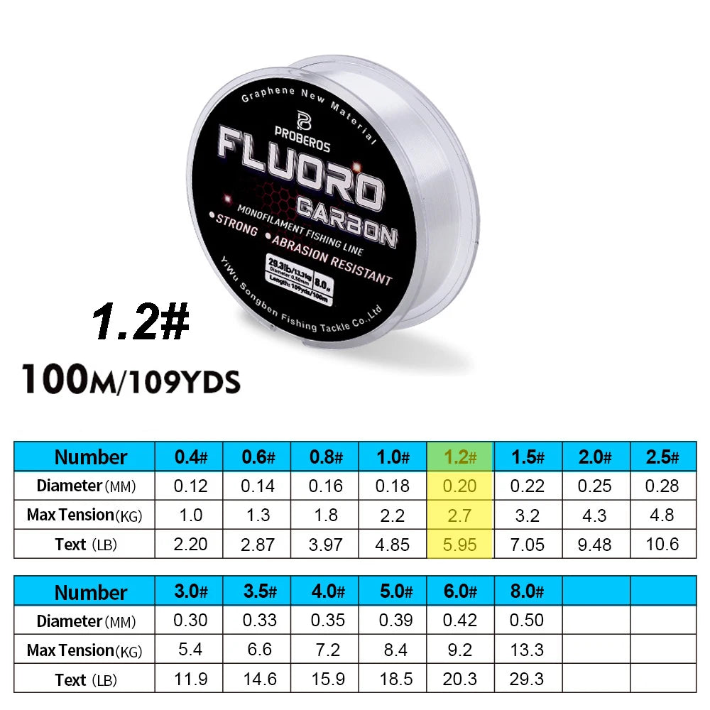 PROBEROS 100M Fluorocarbon Coating Fishing Line 2.2LB-29.3LB Carbon Fiber Monofilament Leader Line Carp Fishing Sinking Line Beauty World Shop