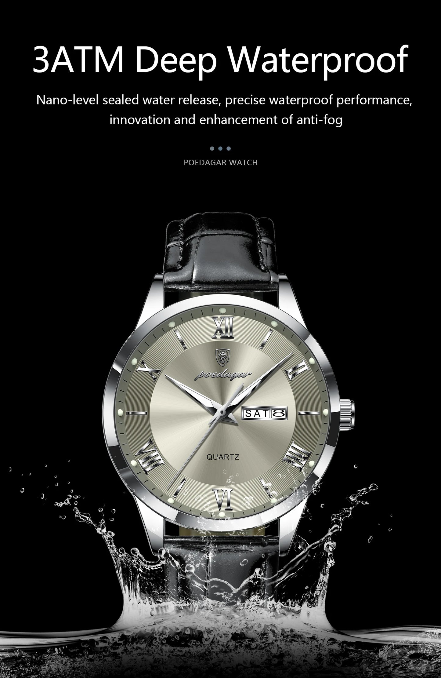 POEDAGAR Business Brand Men Clock Waterproof Luminous Date Week Fashion Man Wristwatch Leather Luxury Men's Quartz Watches Reloj Beauty World Shop