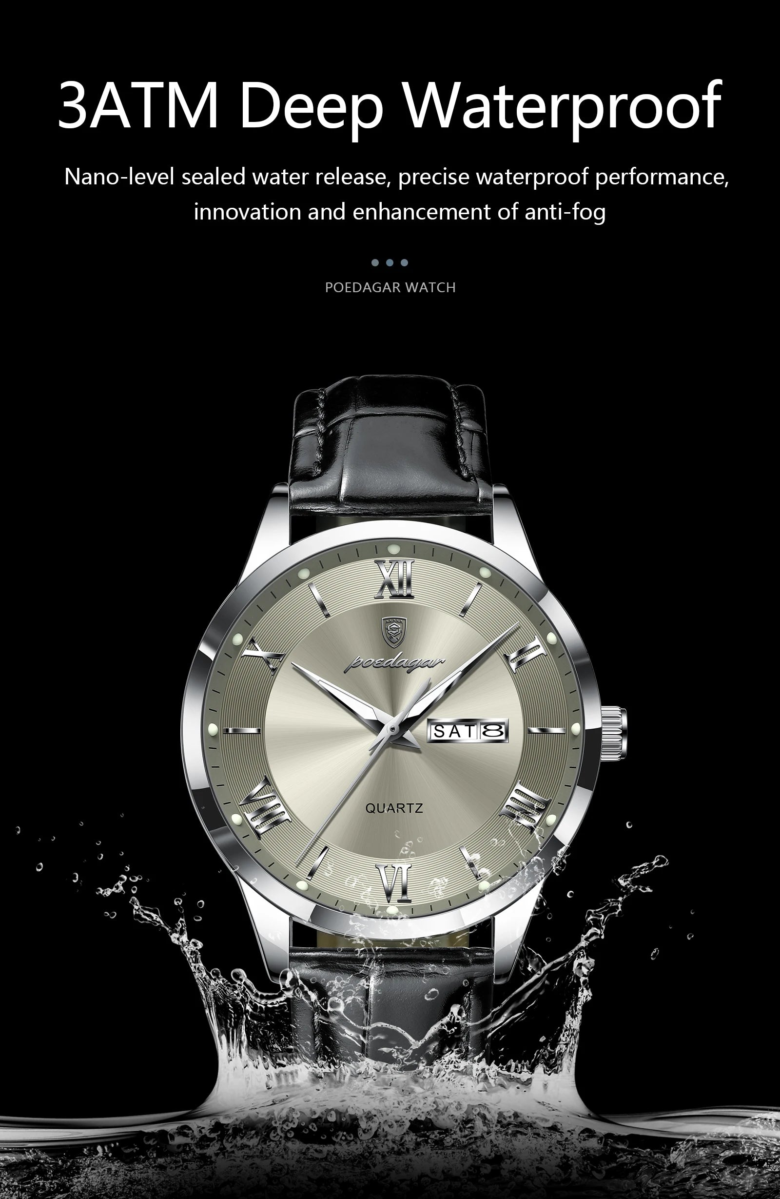 POEDAGAR Business Brand Men Clock Waterproof Luminous Date Week Fashion Man Wristwatch Leather Luxury Men's Quartz Watches Reloj Beauty World Shop